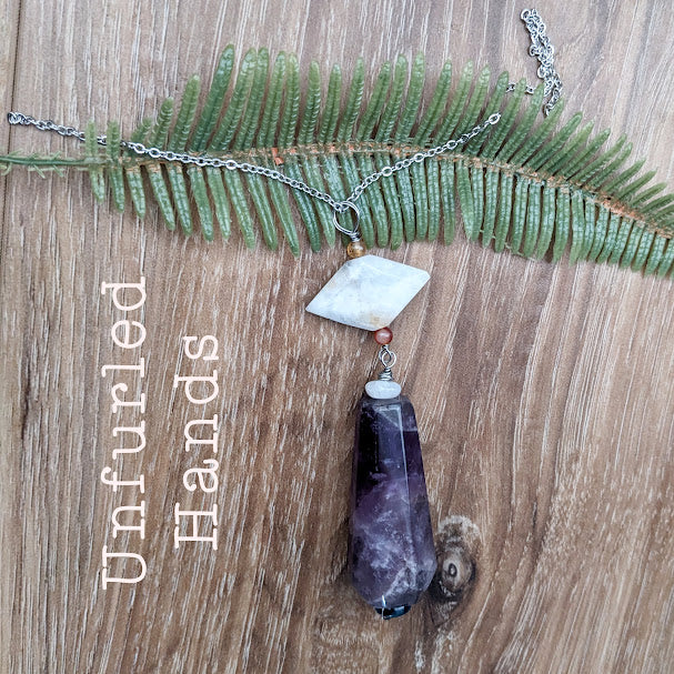 Chevron Amethyst Pendant with Moonstone, Apatite, and Carnelian