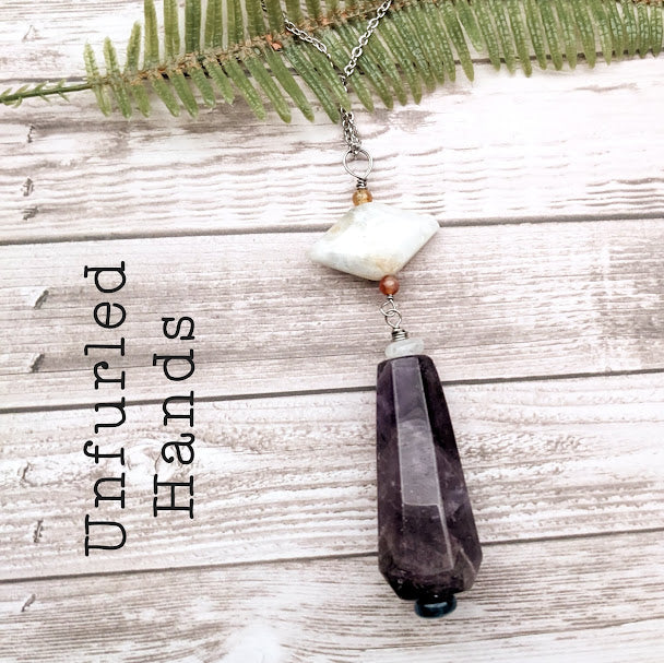 Chevron Amethyst Pendant with Moonstone, Apatite, and Carnelian