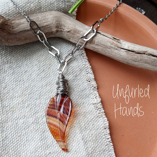 Fall Autumn Leaf Necklace with Carnelian Drop
