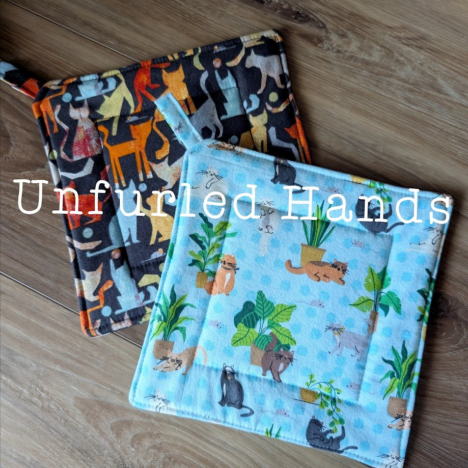 Playful Cats - Custom Pot Holders - insulated cotton hot pads - Cat Lovers
