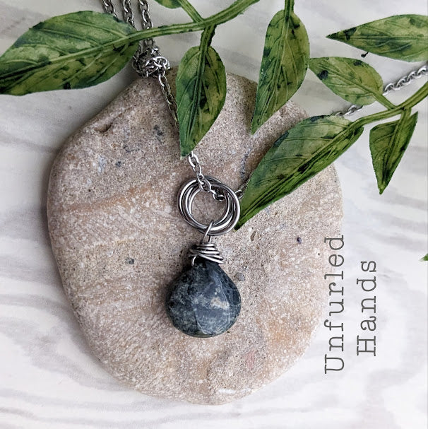 Green Kambaba Jasper Smooth TearDrop Simple Natural Minimalist Pendant Necklace