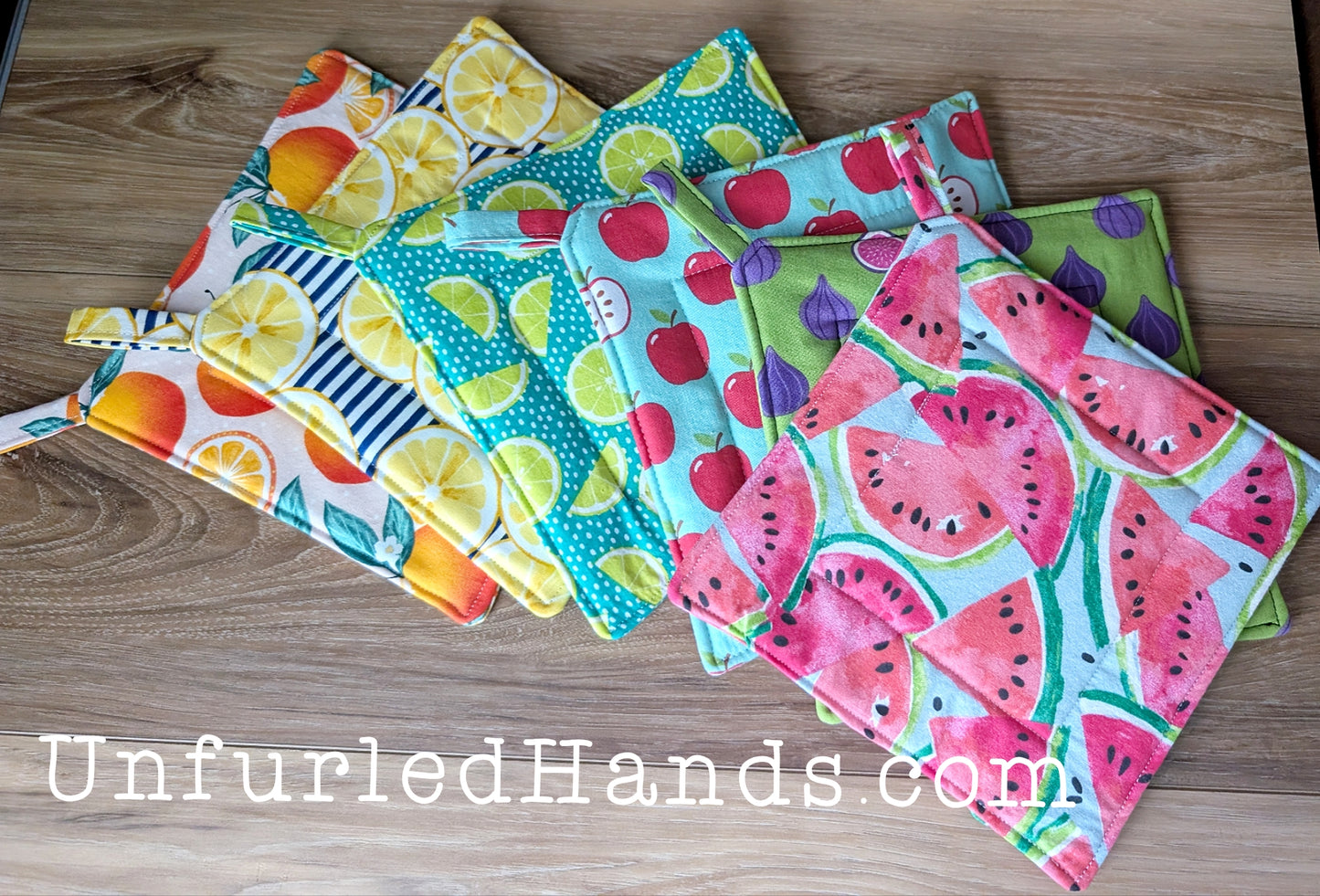 Fruit Collection - Custom Pot Holders - insulated cotton hot pads - Oranges - Lemons - Limes - Apples - Figs - Watermelons