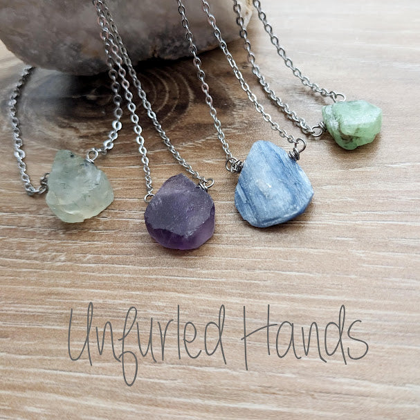 Rough / Matte Teardrop Minimalist Pendant - Prehnite, Blue Kyanite, Green Kyanite, or Amethyst