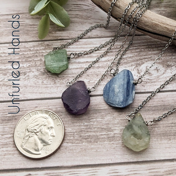 Rough / Matte Teardrop Minimalist Pendant - Prehnite, Blue Kyanite, Green Kyanite, or Amethyst