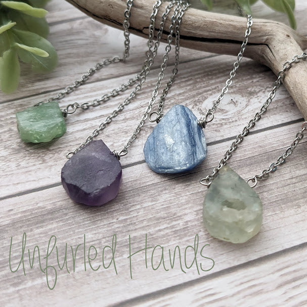Rough / Matte Teardrop Minimalist Pendant - Prehnite, Blue Kyanite, Green Kyanite, or Amethyst