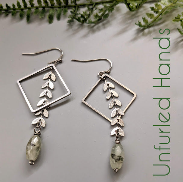 Green Prehnite and Stainless Triangle and Vines Dangle Earrings