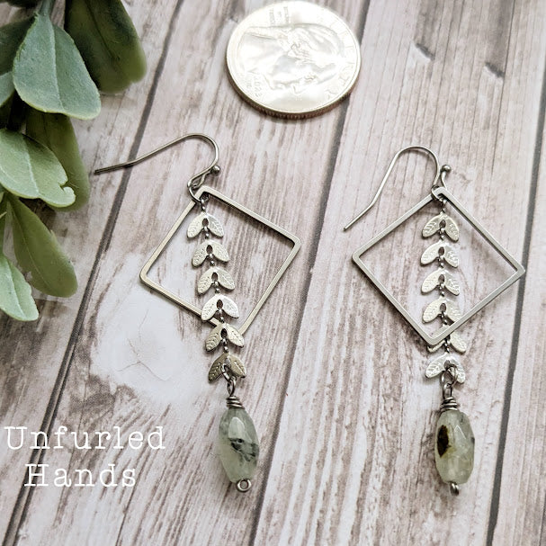 Green Prehnite and Stainless Triangle and Vines Dangle Earrings