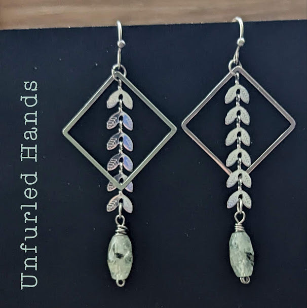 Green Prehnite and Stainless Triangle and Vines Dangle Earrings