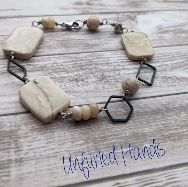 African Opal bracelet or anklet - creamy whites with geometric shapes