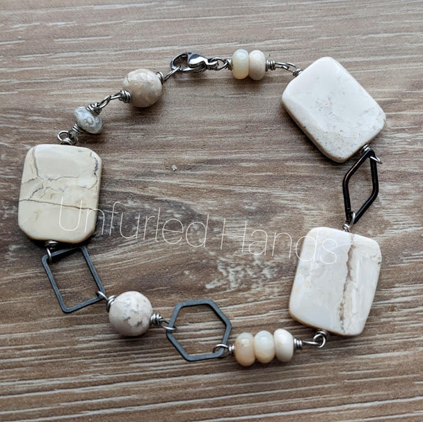 African Opal bracelet or anklet - creamy whites with geometric shapes