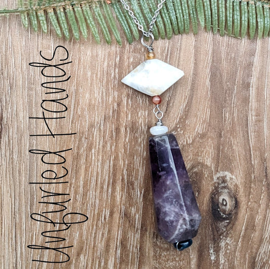 Chevron Amethyst Pendant with Moonstone, Apatite, and Carnelian