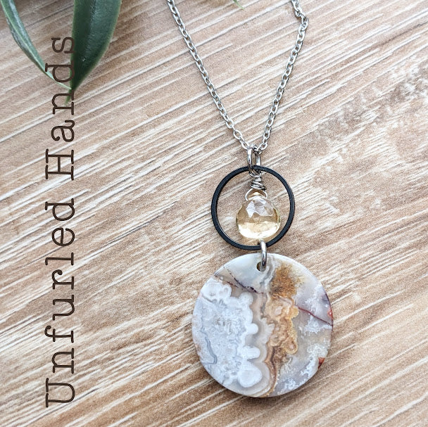 Crazy Lace Agate and Citrine Necklace Pendant