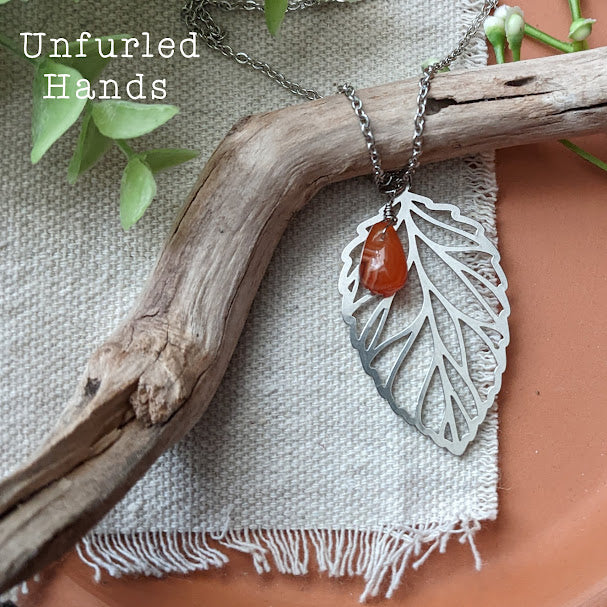 Fall Autumn Leaf Necklace with Carnelian Drop