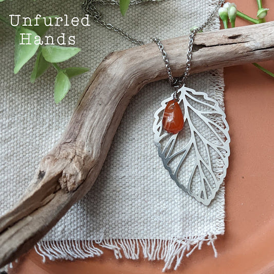 Fall Autumn Leaf Necklace with Carnelian Drop