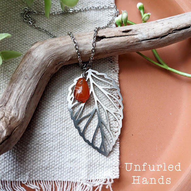 Fall Autumn Leaf Necklace with Carnelian Drop