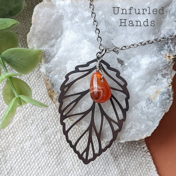 Fall Autumn Leaf Necklace with Carnelian Drop