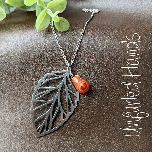 Fall Autumn Leaf Necklace with Carnelian Drop