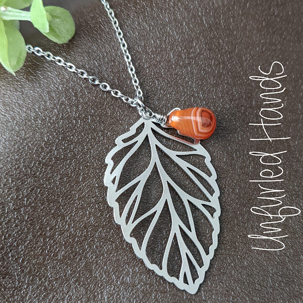 Fall Autumn Leaf Necklace with Carnelian Drop