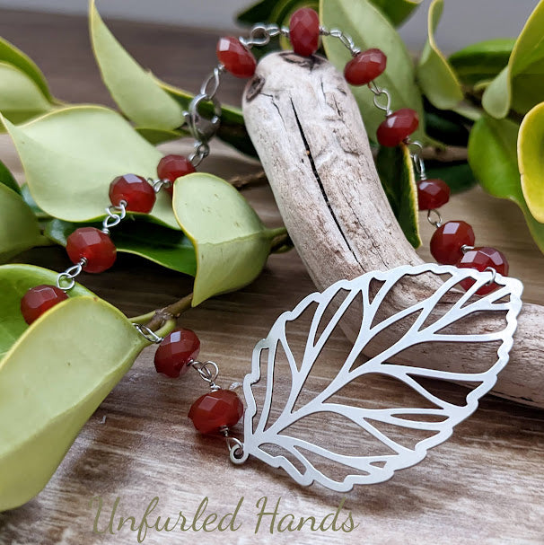 Fall Autumn Carnelian and Leaf Bracelet