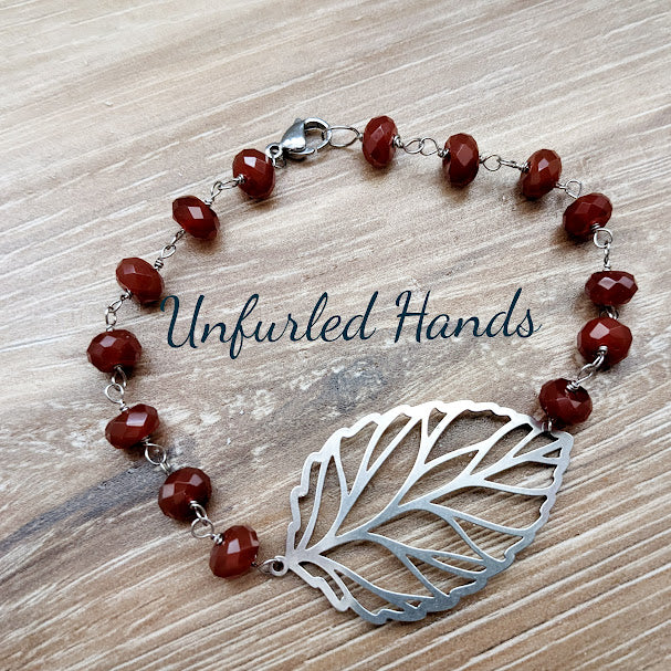 Fall Autumn Carnelian and Leaf Bracelet