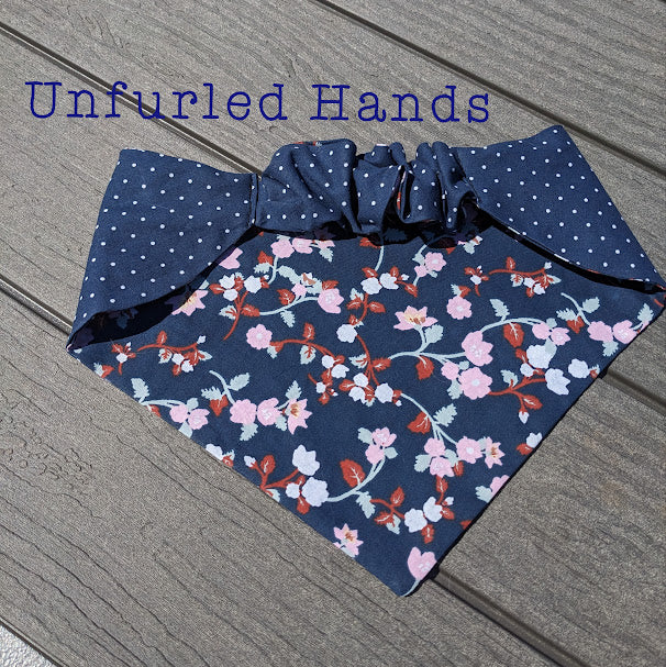 Dog Cat Pet Reversible Bandana Stretch - scrunchie - elastic - Navy Floral and Polka Dots