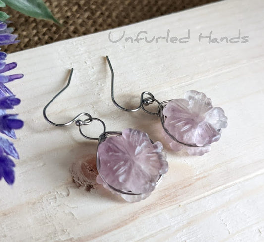 Carved Purple Fluorite Flower Earrings