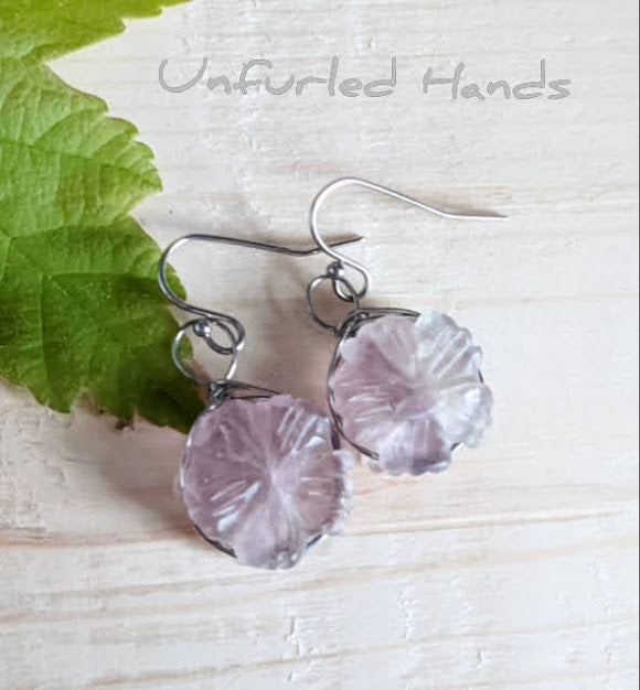 Carved Purple Fluorite Flower Earrings