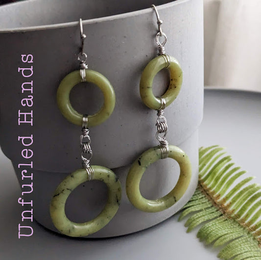 Green Jade Donut Statement Dangle Earrings