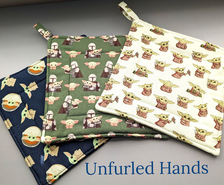 Grogu on Dark Green - Custom Pot Holders - insulated cotton hot pads - Star Wars - baby yoda