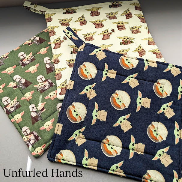 Grogu on Dark Green - Custom Pot Holders - insulated cotton hot pads - Star Wars - baby yoda