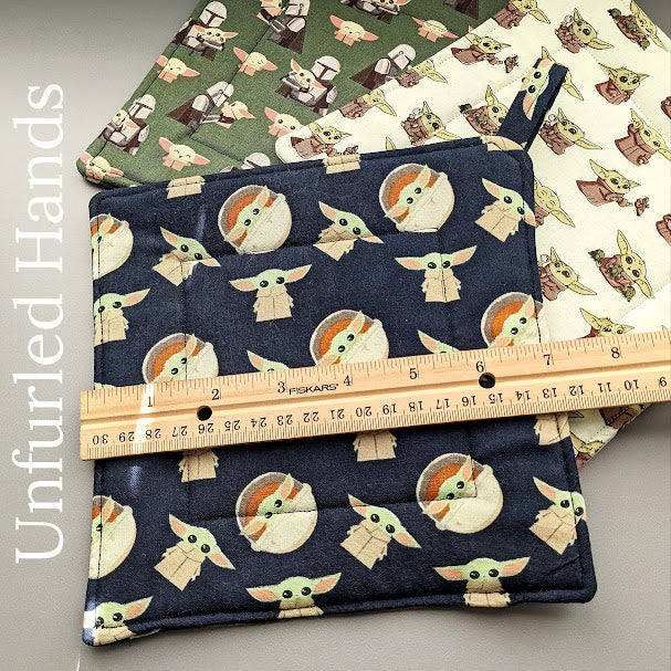 Grogu on Navy Blue - Custom Pot Holders - insulated cotton hot pads - Star Wars - baby yoda