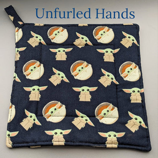 Grogu on Navy Blue - Custom Pot Holders - insulated cotton hot pads - Star Wars - baby yoda