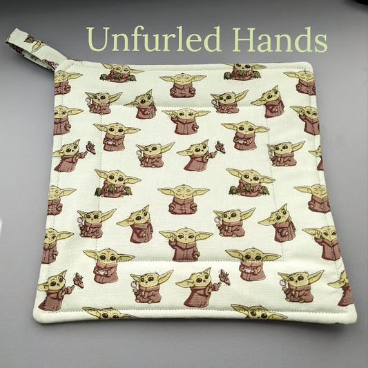 Grogu on Light Green - Custom Pot Holders - insulated cotton hot pads - Star Wars - baby yoda