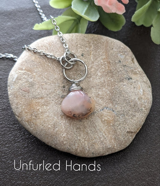 Pink Opal Smooth TearDrop Simple Natural Minimalist Pendant Necklace