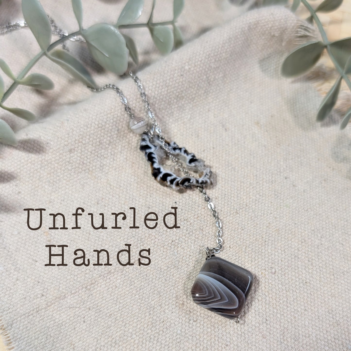 Banded Agate Smokey Browns Y Necklace Lariat Adjustable with Stainless Steel