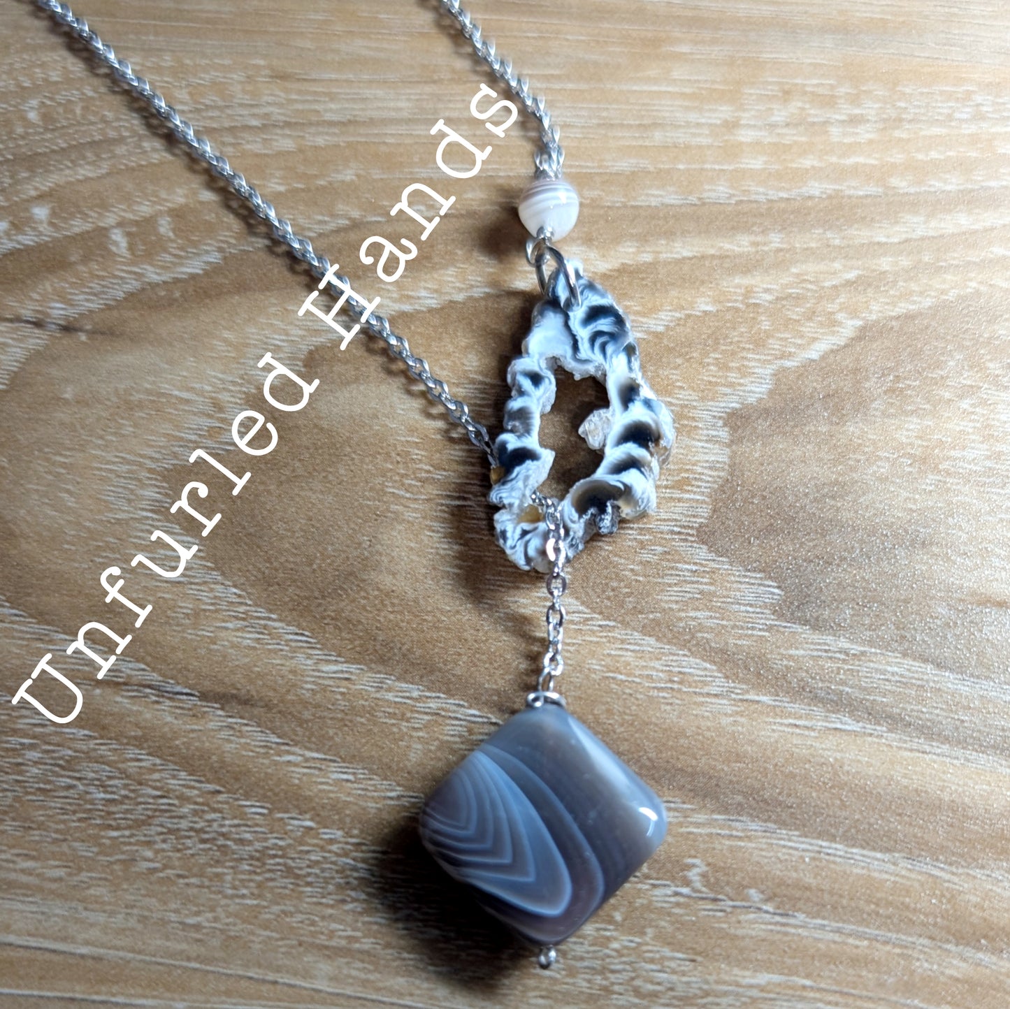 Banded Agate Smokey Browns Y Necklace Lariat Adjustable with Stainless Steel