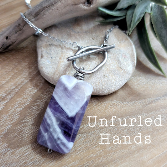 Banded Chevron Dogtooth Amethyst and Stainless Steel Necklace