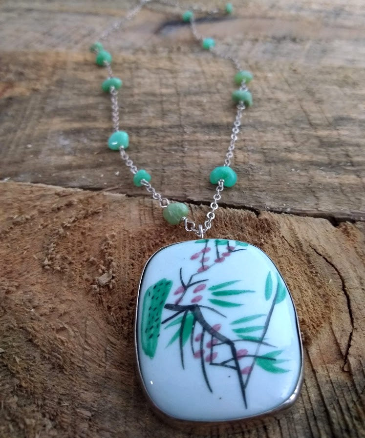 Asymmetrical Chrysoprase and Sterling Silver Necklace with Chinese Pottery Pendant