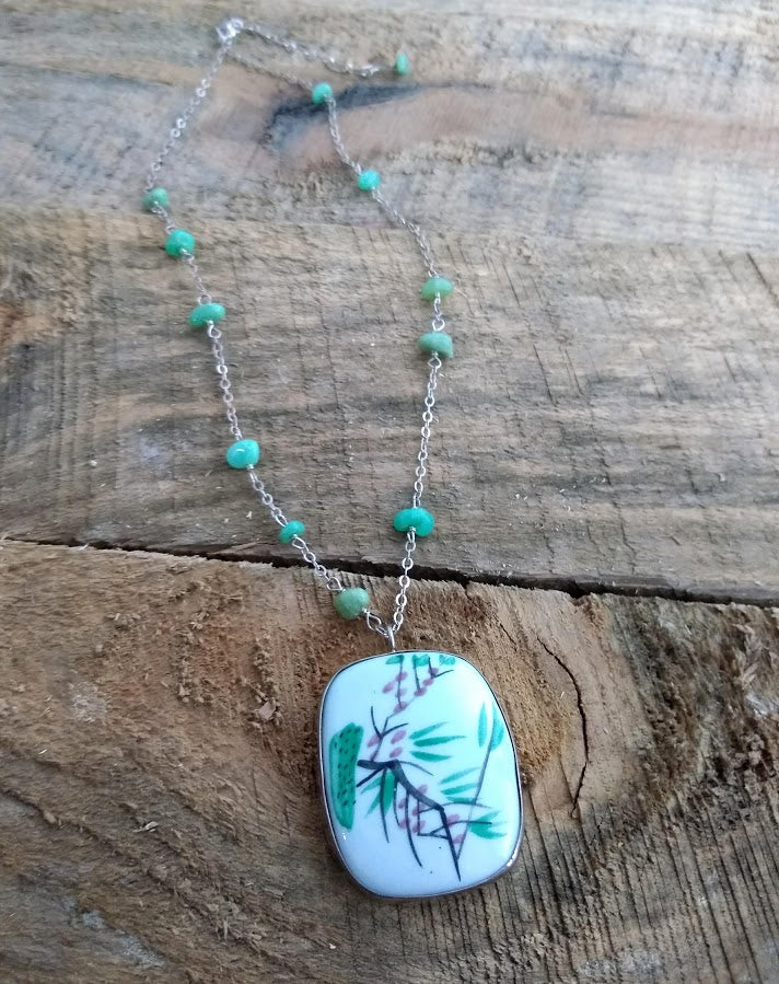 Asymmetrical Chrysoprase and Sterling Silver Necklace with Chinese Pottery Pendant