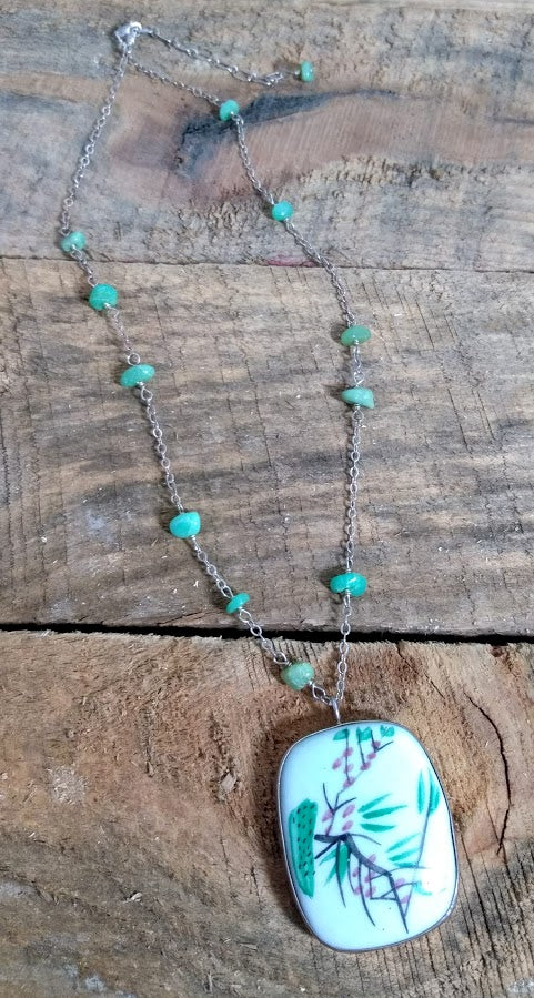 Asymmetrical Chrysoprase and Sterling Silver Necklace with Chinese Pottery Pendant