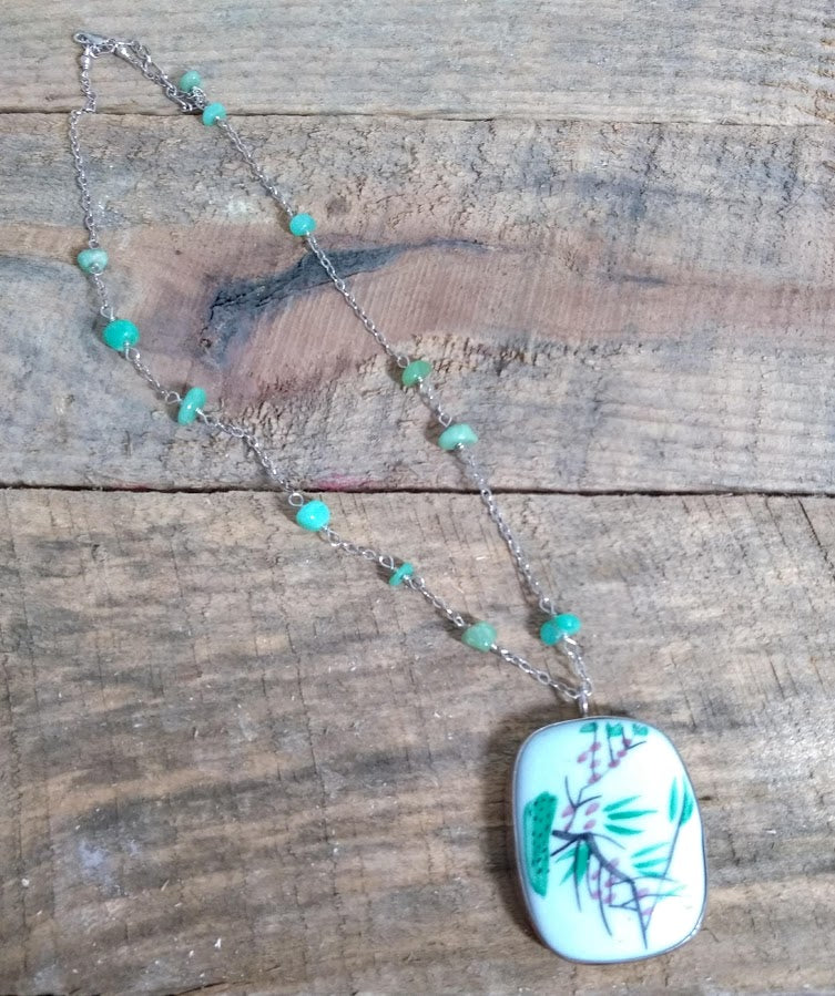 Asymmetrical Chrysoprase and Sterling Silver Necklace with Chinese Pottery Pendant