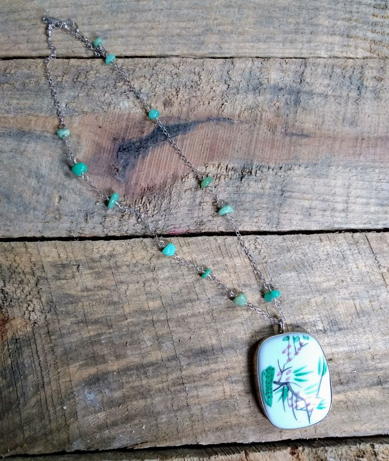 Asymmetrical Chrysoprase and Sterling Silver Necklace with Chinese Pottery Pendant