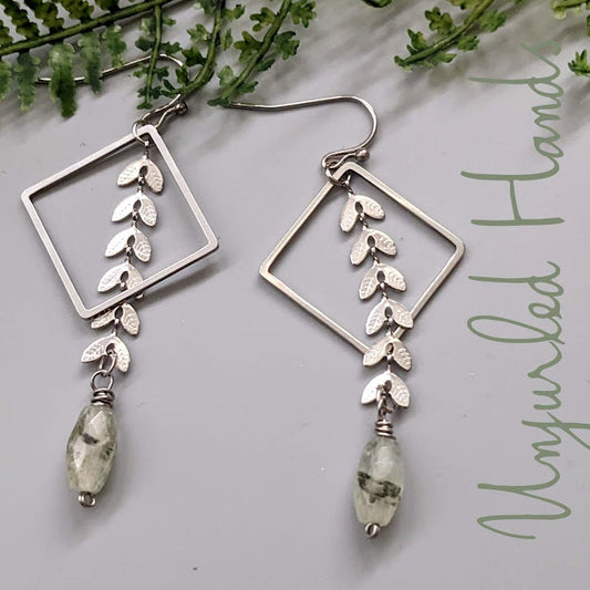 Green Prehnite and Stainless Triangle and Vines Dangle Earrings