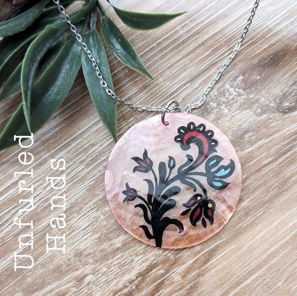 Rose Pink Capiz with Floral Pattern Necklace Pendant