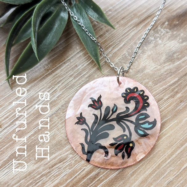 Rose Pink Capiz with Floral Pattern Necklace Pendant