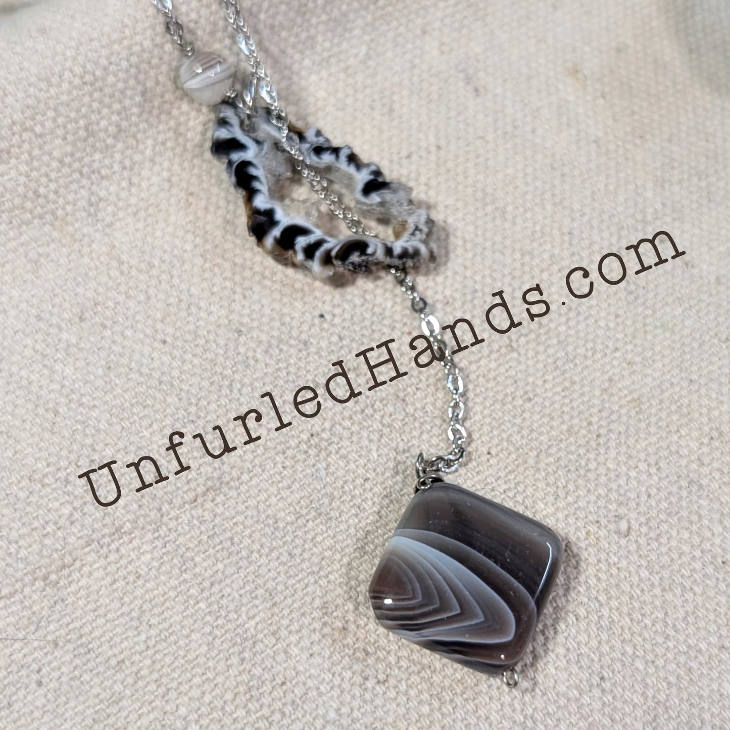 Banded Agate Smokey Browns Y Necklace Lariat Adjustable with Stainless Steel