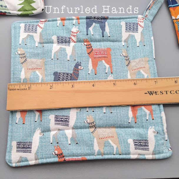 Blue Llamas - Custom Pot Holders - insulated cotton hot pads - Animal Lovers