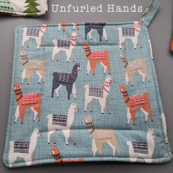 Blue Llamas - Custom Pot Holders - insulated cotton hot pads - Animal Lovers