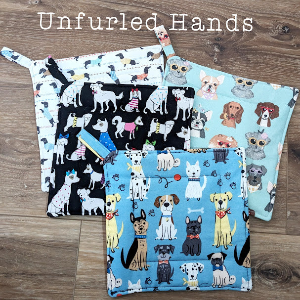 Dogs on Blue - Custom Pot Holders - insulated cotton hot pads - Dog Lovers