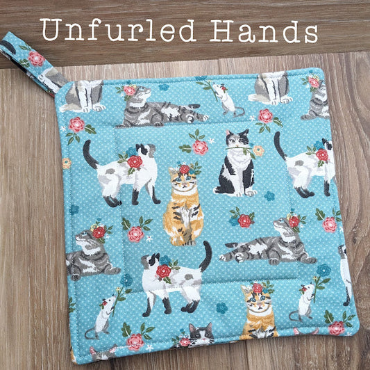 Floral Cats - Custom Pot Holders - insulated cotton hot pads - Cat Lovers